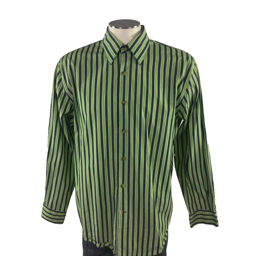 Michael‎ Kors Button Front Shirt L Blue Green Stripe Mens